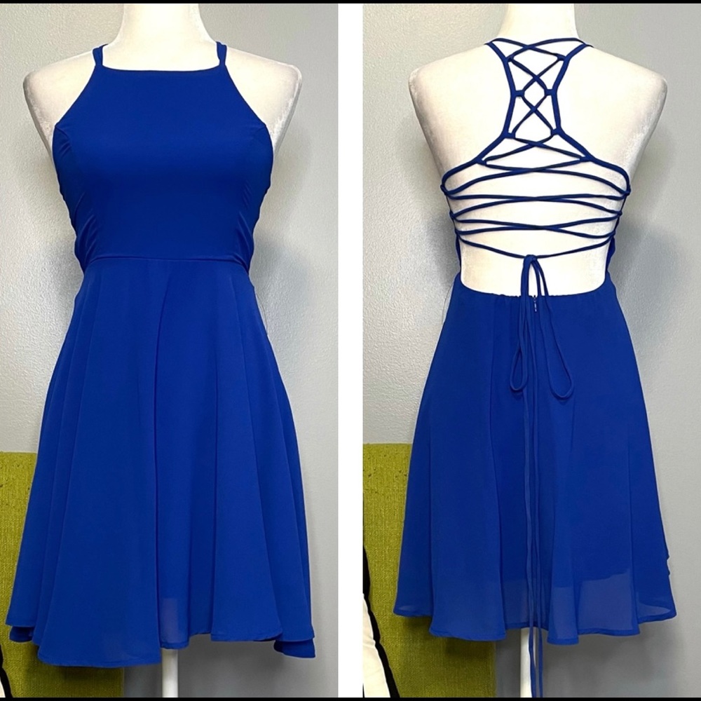 Lulus Blue Good Deeds Lace Up Mini Skater Dress
